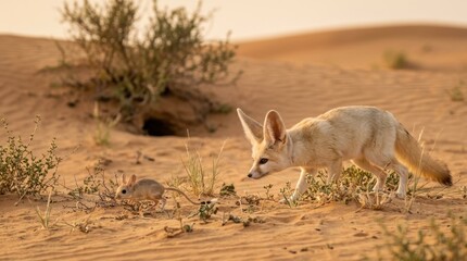 Naklejka premium Desert Duel: A fennec fox with its distinctive large ears stalks a small desert mouse across a vast, sun-baked dune landscape, showcasing the harsh beauty of arid survival.