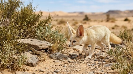 Naklejka premium Fennec Fox in the Desert: A fennec fox with its signature oversized ears navigates the arid terrain of a sandy desert landscape, showcasing its adaptability to extreme environments.