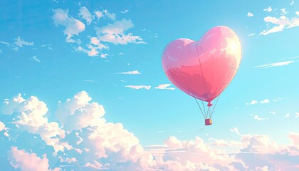 Fototapeta premium A pink heart-shaped hot air balloon floats serenely in a bright blue sky filled with fluffy white clouds.