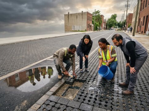 Team of workers analyzing innovative drainage solutions on flooded street