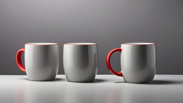 Minimalist Product Shot of Three White Ceramic Coffee Mugs with Vibrant Red Interior and Handles on Light Surface Against Gray Background