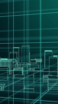 Animation of 3d modern cityscape building over grid