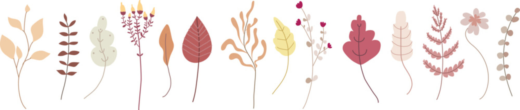 Cartoon foliage, floral set of pink, orange, brown, burgundy and gray autumn leaves, branches, twigs. Botanical fall clip art.