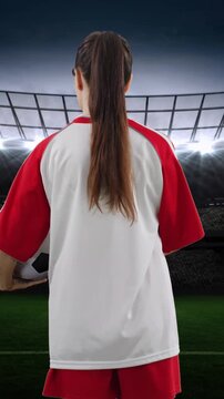 Animation of caucasian female soccer player over stadium