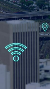 Animation of digital clouds and icons flying over cityscape
