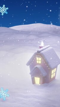 Animation of full moon, snow and house in winter scenery