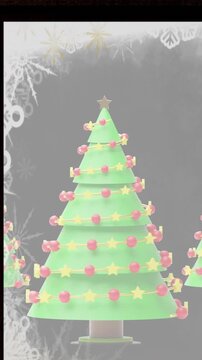 Animation of window over christmas trees on pink background