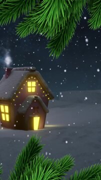 Animation of christmas fir tree branches, full moon, snow and house in winter scenery