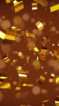 Animation of gold confetti and snow falling on brown background