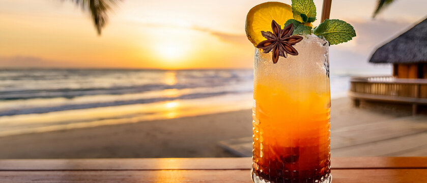 Tropical rum cocktail with passionfruit and mint with blurred beach bar background banner.