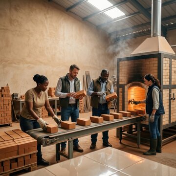 Workers stacking bricks in a workshop showcasing teamwork and craftsmanship