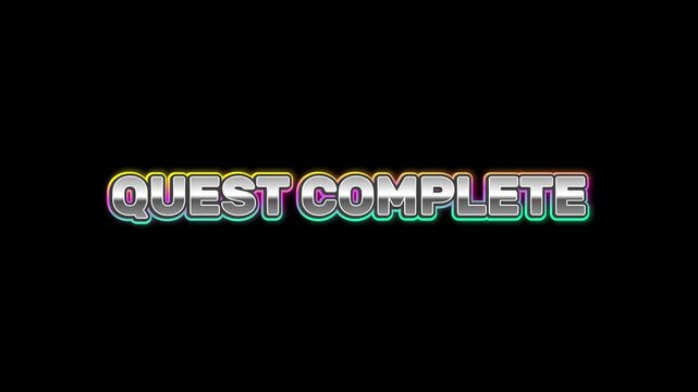 Completing a quest in a video game, a colorful retro style text graphic that says quest complete with a dark background