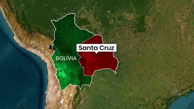 Detailed animated map highlights Bolivia and the Santa Cruz region