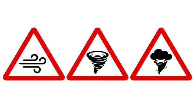 Weather warning signs featuring minimalist wind, tornado and stormy cloud vector graphic icons for safety design