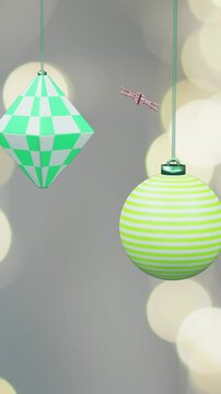 Animation of party streamers and christmas decorations