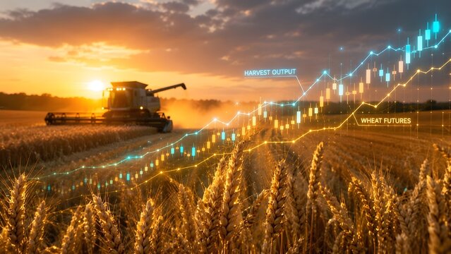 Combine harvester working in a golden sunset wheat field with overlay of glowing financial candlestick charts showing agricultural harvest output and futures