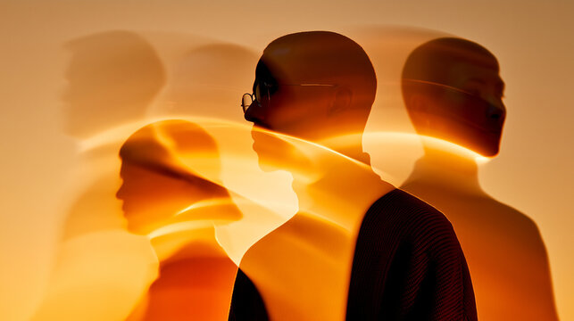 Abstract golden silhouettes of people blend together, creating a warm surreal atmosphere symbolizing identity, society, and human connection.
