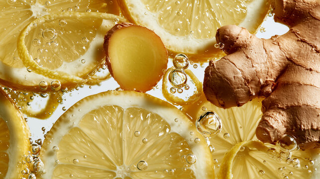 Fresh ginger root and lemon slices float in sparkling water, capturing a vibrant, healthy autumn herbal tea and immune-boosting wellness concept.