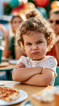 Curly-haired toddler crosses arms with a defiant offended pout at a cafe table, capturing a candid picky-eater tantrum and childhood boundary moment.