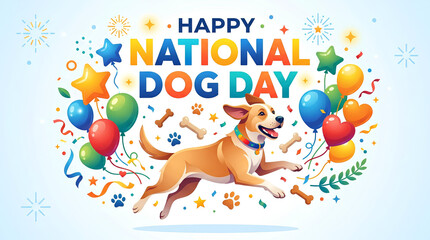 Fototapeta premium Happy National Dog Day Celebration with a Joyful Jumping Pet Amidst Balloons and Confetti, Expressing Love for Canine Companions