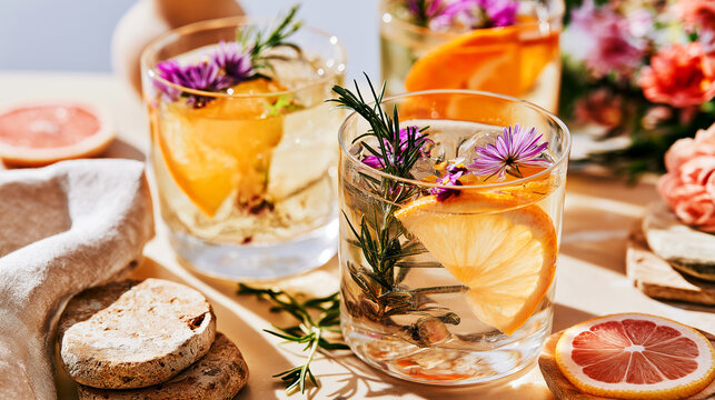 Botanical cocktails garnished with rosemary and edible flowers sit among fresh citrus and stone coasters, elegant nonalcoholic flat lay styling on a natural surface.