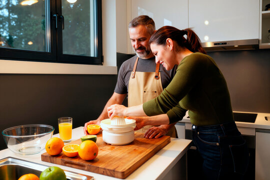 Middle aged Caucasian couple preparing fresh orange juice using electric squeezer in kitchen. Image represents healthy lifestyle and is suitable for wellness campaign