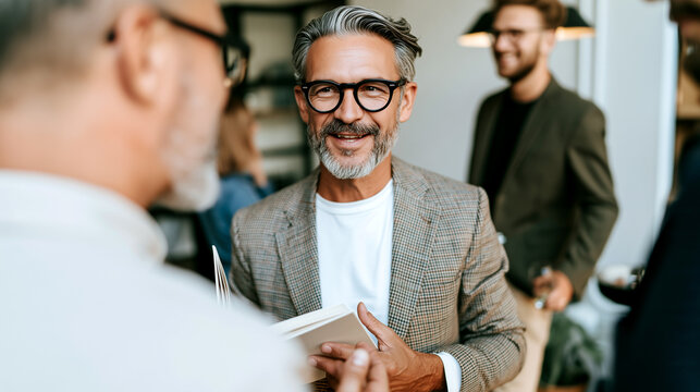 Smiling gray-haired author in glasses holds his book while warmly conversing with colleagues and attendees, sharing a moment of connection at a professional publishing event and book presentation.