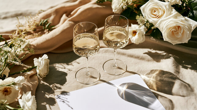 Crystal glasses of sparkling drink sit among white roses and linen fabric at a luxury wedding flat lay, capturing an elegant mindful celebration aesthetic.