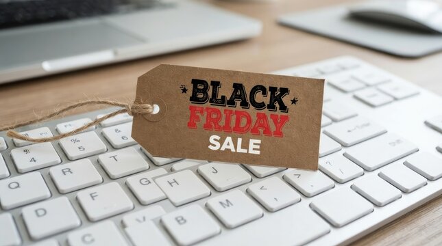 Black friday sale tag resting on a white computer keyboard, conceptual image for online shopping and retail discounts during the holiday season black friday