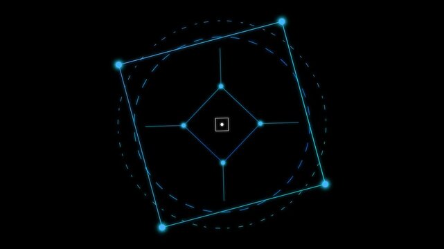 Futuristic Quantum Tesseract Interface Featuring Rotating Geometric Light Nodes for High Tech Animation and Data Systems