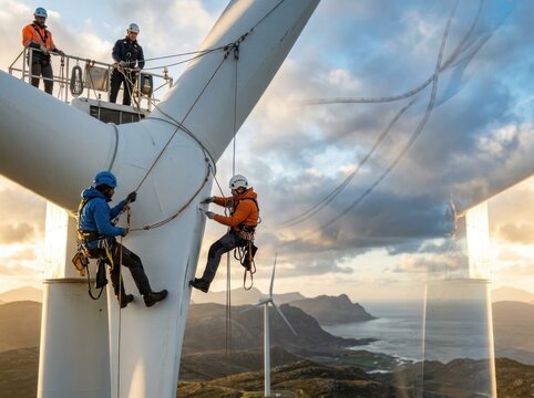 Technicians performing maintenance on a wind turbine in coastal location