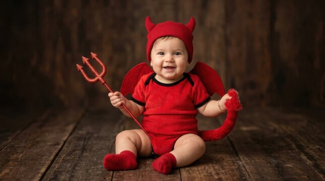 Adorable baby dressed as a little devil with horns, wings, and a trident sitting on a rustic wooden floor
