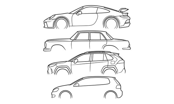 Set of four different car body types in clean black outline vector style