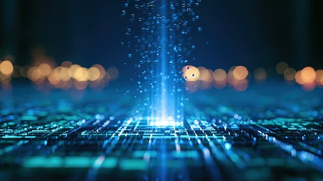 Abstract digital art in futuristic cyber style, wide grid of glowing blue blocks and lines receding into dark‑blue background, powerful luminous blue light column rising vertically from center, ascend