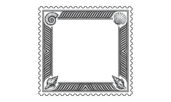 Ornate square frame with seashell corner accents in classic line art style
