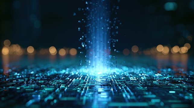 Abstract digital art in futuristic cyber style, wide grid of glowing blue blocks and lines receding into dark‑blue background, powerful luminous blue light column rising vertically from center, ascend