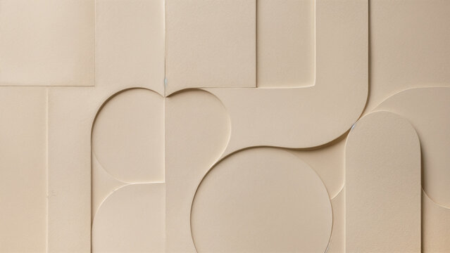 A surface displays various shapes and patterns in light colors. The artwork is made of different forms and lines arranged together. This is found inside a building, showcasing design