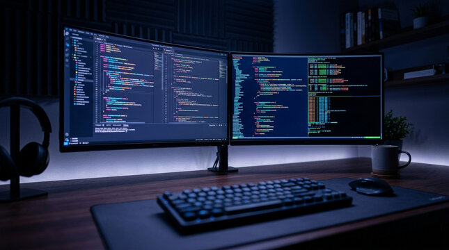 Dual monitor setup showing software code on a wooden desk