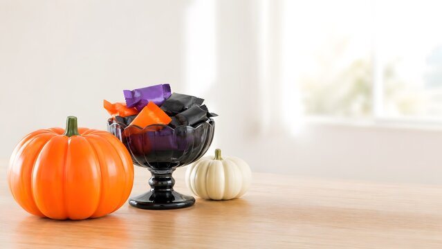 ハロウィンのお菓子 黒いガラスの器に盛った包み菓子とかぼちゃを飾った秋のテーブル