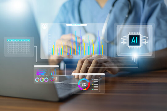 Doctor AI, artificial intelligence in modern medical technology and IOT automation. Doctor using AI document management concept.