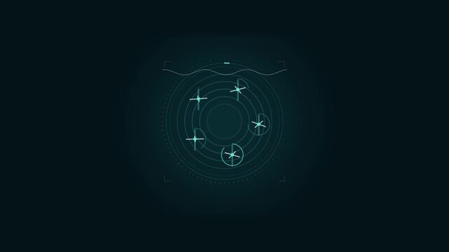 Abstract animated tidal turbines generating with the current drawn as cool blue-white lines and shapes on a deep dark background. Seamless looping 4K motion graphics video with free space for text, id