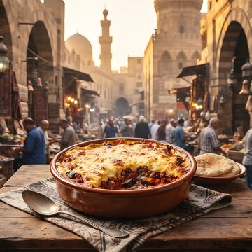 golden-baked Egyptian Moussaka casserole layered with minced beef, eggplants, and rich b�chamel, historic Cairo bazaar architectural background 