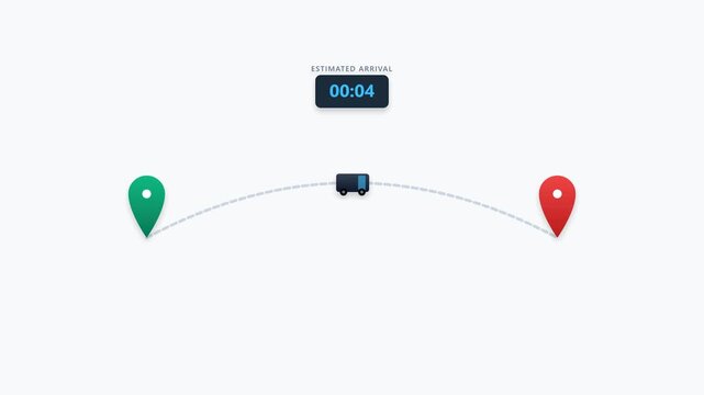Animation of a delivery truck tracking progress with map pins and estimated arrival countdown timer