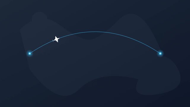 Animation of an airplane icon flying along a curved path between two points on a dark minimalist map