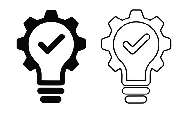 Minimalist light bulb gear icons with a checkmark symbol representing successful idea execution and creative technical solutions.