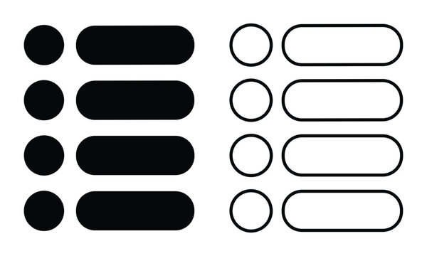 Minimalist UI elements set featuring black circles and rounded rectangles for modern web design interfaces on white background.