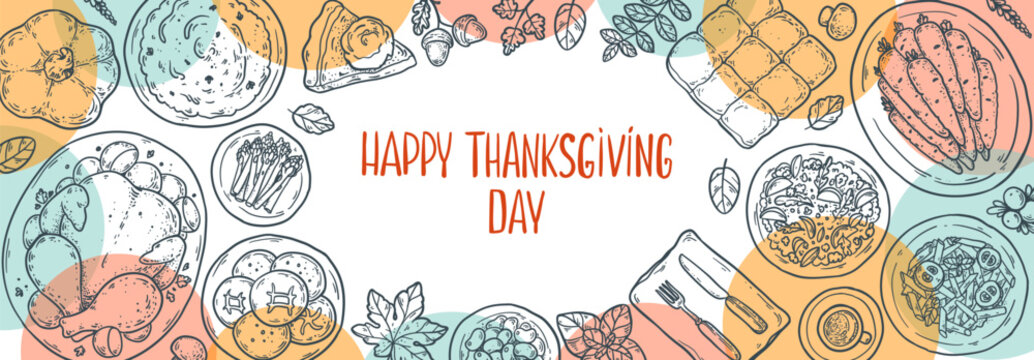 Happy Thanksgiving Day banner. Line art with turkey, pumpkin pie, roasted vegetables and lettering on pastel background