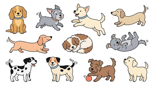 Cute cartoon dog characters vector illustration set featuring puppy breeds playing, sleeping, stretching, and sitting in adorable hand drawn style