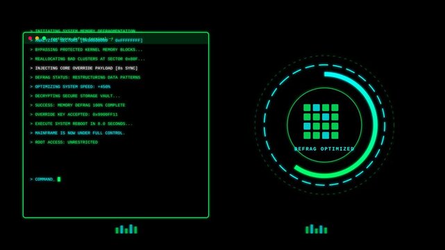Digital Terminal Interface Display Featuring Automated System Defragmentation and Core Optimization Data Processing