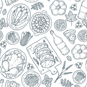 Thanksgiving dinner seamless pattern. Line art with roast turkey, roast meat, wine bottle and pumpkin on white background